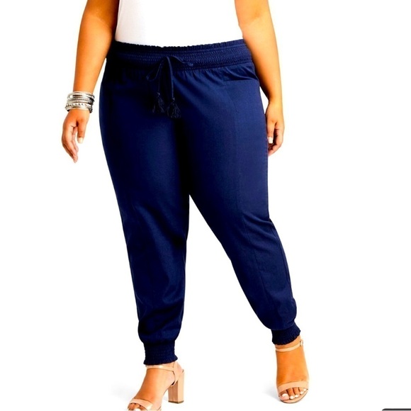 Ashley Stewart Navy Blue Linen High Waisted Joggers Size 18 Comfy Summer - Picture 1 of 7